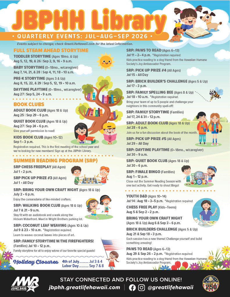 Flyer graphic of the JBPHH Library quarterly events calendar for the months of July, August, September 2026
