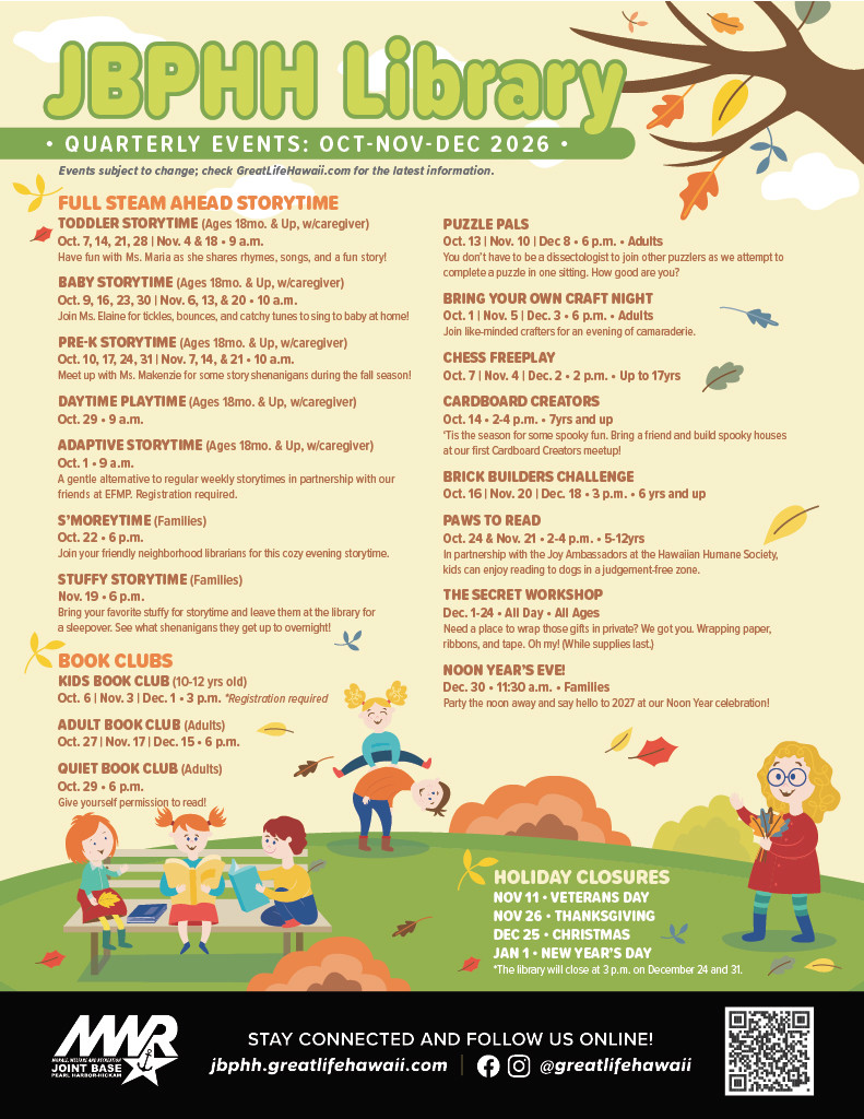 Flyer graphic of the JBPHH Library quarterly events calendar for the months of July, August, September 2026